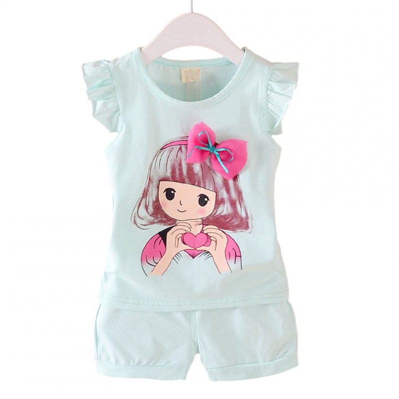 2pcs Cartoon Printing Tank Top Set For Girls Summer Cotton Vest Shorts Two-piece Set doll blue 2-3Y 100cm