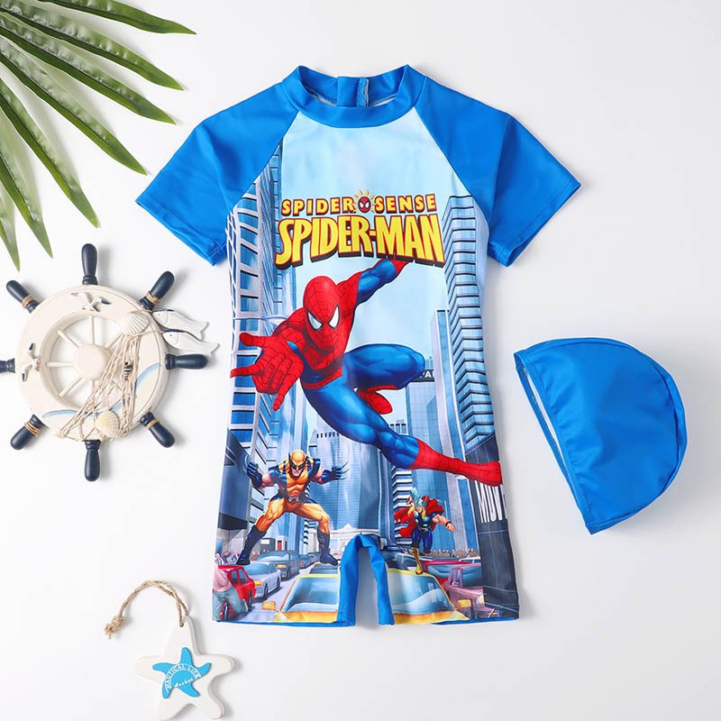 2pcs Children One-piece Swimsuit Sun Protection Diving Suit Cartoon Printing Swimsuit With Swimming Cap blue 7-8year XL