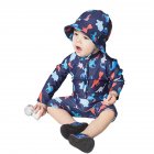 2pcs Children One piece Swimsuit For Boys Girls Cartoon Dinosaur Flower Sunscreen Swimwear With Swimming Cap Dark Blue Dinosaur 3 4Y 4