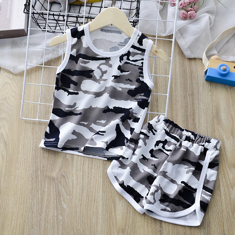 2pcs Children Sleeveless Tank Tops Suit Summer Vest Shorts Breathable Quick-drying Sports Set gray camouflage 7-8Y 120cm