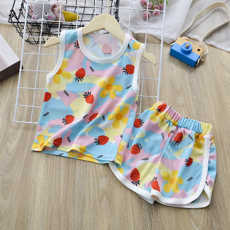 2pcs Children Sleeveless Tank Tops Suit Summer Vest Shorts Breathable Quick-drying Sports Set Pink Strawberry 3-4Y 100cm