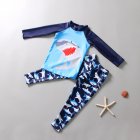 2pcs Children Split Swimsuit Suit Boys Long Sleeves Cartoon Printing Sunscreen Swimwear Swimming Pants Set blue 6-7years XL