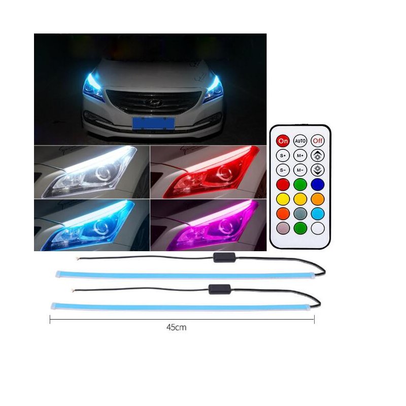 2pcs Daytime Running Light Switch With Wireless Remote Control Tube Guide Car Led Strip Turn Signal Light Bar Colorful_45CM