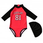 2pcs For 2-7 Years Old Kids One-piece Swimsuit Sunscreen Long Sleeve With Swimming Cap Swimming  Set red_XL