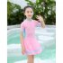2pcs Girls One piece Skirt Swimsuit With Swimming Cap Sunscreen Quick drying Swimwear For Kids Aged 5 14 dark blue 8 9Y 140
