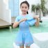 2pcs Girls One piece Skirt Swimsuit With Swimming Cap Sunscreen Quick drying Swimwear For Kids Aged 5 14 dark blue 8 9Y 140