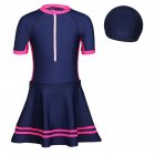 2pcs Girls One-piece Skirt Swimsuit With Swimming Cap Sunscreen Quick-drying Swimwear For Kids Aged 5-14 dark blue 8-9Y 140