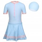 2pcs Girls One-piece Skirt Swimsuit With Swimming Cap Sunscreen Quick-drying Swimwear For Kids Aged 5-14 sky blue 8-9Y 140