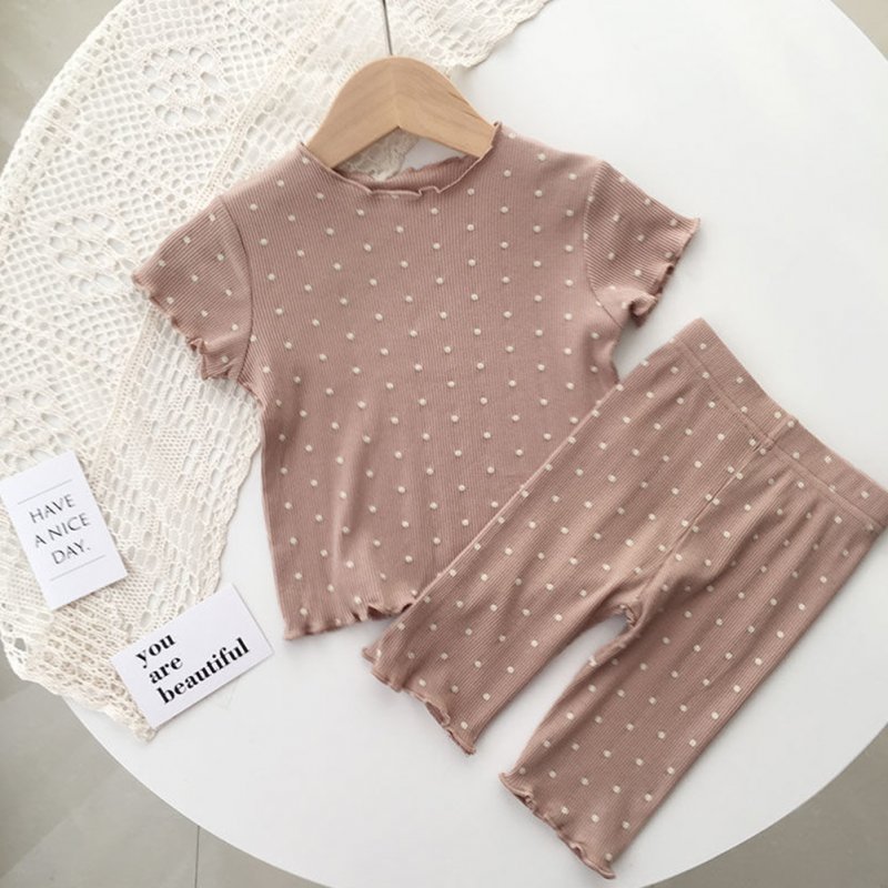 2pcs Girls Pajamas Suit Polka Dot Print Round Neck Short Sleeve Top Pants Summer Thin Clothes Brown [actual color is darker] 80cm