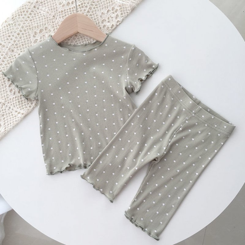 2pcs Girls Pajamas Suit Polka Dot Print Round Neck Short Sleeve Top Pants Summer Thin Clothes Matcha green 120cm