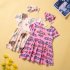 2pcs Girls Summer Short Sleeve Dress With Headband Sweet Cartoon Printing Cotton Dress For Kids Aged 1 5 223041 3 4Y 110cm