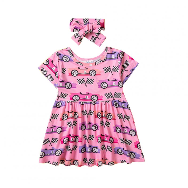 2pcs Girls Summer Short Sleeve Dress With Headband Sweet Cartoon Printing Cotton Dress For Kids Aged 1-5 223041 3-4Y 110cm