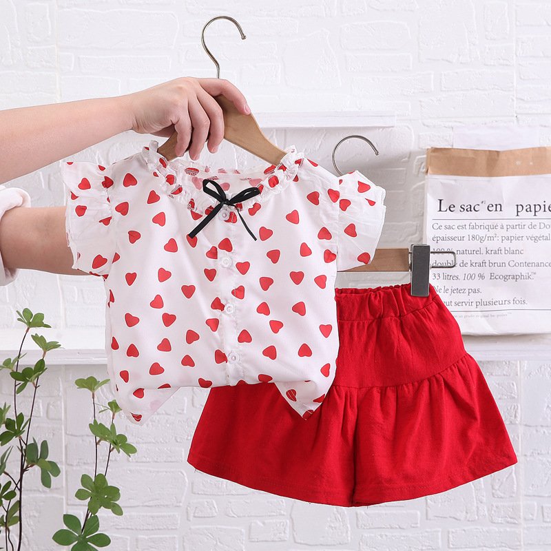 2pcs Girls Summer Suit Short Sleeves Single Breasted T-shirt Shorts Two-piece Set For 1-4 Years Old Kids red 12-18M 80cm