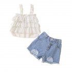 2pcs Girls Suspender Top Suit Sleeveless Vest Denim Shorts Set Outfits For Kids Aged 1-6 White 1-2Y 90cm