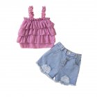 2pcs Girls Suspender Top Suit Sleeveless Vest Denim Shorts Set Outfits For Kids Aged 1-6 Pink 2-3Y 100cm