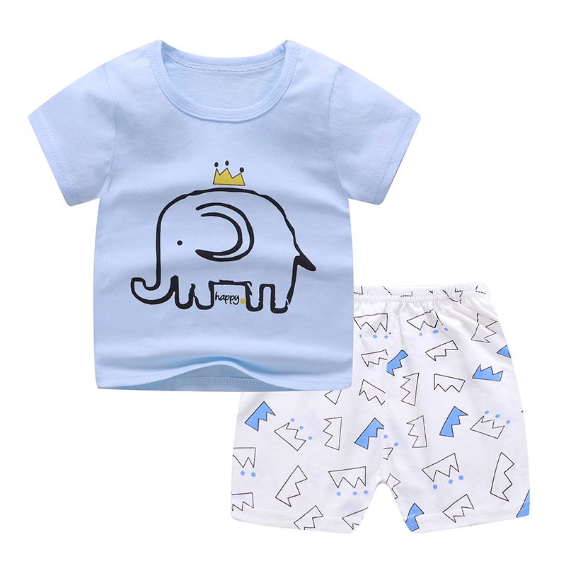2pcs Kids Cotton Home Wear Suit Summer Short Sleeves Fashion Printing T-shirt Shorts Two-piece Set crown elephant 110cm