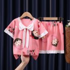 2pcs Kids Pajamas Set Round Neck Short-sleeved Top Shorts Princess Girls Summer Homewear D Yi bow - pink meatballs 90-100cm 8