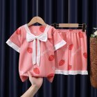 2pcs Kids Pajamas Set Round Neck Short-sleeved Top Shorts Princess Girls Summer Homewear D Yi Bowknot - Pink Strawberry 90-100cm 8