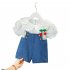 2pcs Kids Summer Suit Cute Floral Printing Short Sleeves T shirt Shortalls Two piece Set For 1 3 Years Old Girls beige CM 90