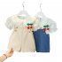 2pcs Kids Summer Suit Cute Floral Printing Short Sleeves T shirt Shortalls Two piece Set For 1 3 Years Old Girls beige CM 90