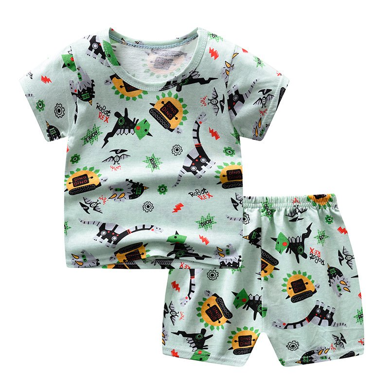 2pcs Kid Boy Animal Dinosaur Print Short-sleeve Tee and Letter Print Black Shorts Set