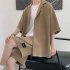 2pcs Men Summer Short Sleeves Shirt Suit Simple Solid Color Casual Lapel Cardigan Tops Loose Shorts 752 Khaki XL