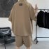 2pcs Men Summer Short Sleeves Shirt Suit Simple Solid Color Casual Lapel Cardigan Tops Loose Shorts 752 Khaki XL
