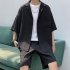 2pcs Men Summer Short Sleeves Shirt Suit Simple Solid Color Casual Lapel Cardigan Tops Loose Shorts 752 Khaki XL