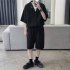 2pcs Men Summer Short Sleeves Shirt Suit Simple Solid Color Casual Lapel Cardigan Tops Loose Shorts 752 Khaki XL