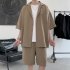 2pcs Men Summer Short Sleeves Shirt Suit Simple Solid Color Casual Lapel Cardigan Tops Loose Shorts 752 Khaki XL