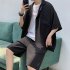 2pcs Men Summer Short Sleeves Shirt Suit Simple Solid Color Casual Lapel Cardigan Tops Loose Shorts 752 black XXL