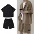2pcs Men Summer Short Sleeves Shirt Suit Simple Solid Color Casual Lapel Cardigan Tops Loose Shorts 752 black XXL