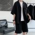 2pcs Men Summer Short Sleeves Shirt Suit Simple Solid Color Casual Lapel Cardigan Tops Loose Shorts 752 black XXL