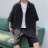 2pcs Men Summer Short Sleeves Shirt Suit Simple Solid Color Casual Lapel Cardigan Tops Loose Shorts 752 Khaki 3XL