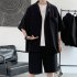 2pcs Men Summer Short Sleeves Shirt Suit Simple Solid Color Casual Lapel Cardigan Tops Loose Shorts 752 black XXL