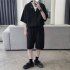2pcs Men Summer Short Sleeves Shirt Suit Simple Solid Color Casual Lapel Cardigan Tops Loose Shorts 752 black XXL
