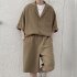 2pcs Men Summer Short Sleeves Shirt Suit Simple Solid Color Casual Lapel Cardigan Tops Loose Shorts 752 Khaki 3XL
