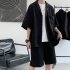2pcs Men Summer Short Sleeves Shirt Suit Simple Solid Color Casual Lapel Cardigan Tops Loose Shorts 752 black M