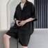 2pcs Men Summer Short Sleeves Shirt Suit Simple Solid Color Casual Lapel Cardigan Tops Loose Shorts 752 black M