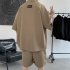 2pcs Men Summer Short Sleeves Shirt Suit Simple Solid Color Casual Lapel Cardigan Tops Loose Shorts 752 black M