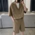 2pcs Men Summer Short Sleeves Shirt Suit Simple Solid Color Casual Lapel Cardigan Tops Loose Shorts 752 black M