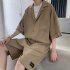 2pcs Men Summer Short Sleeves Shirt Suit Simple Solid Color Casual Lapel Cardigan Tops Loose Shorts 752 Khaki L