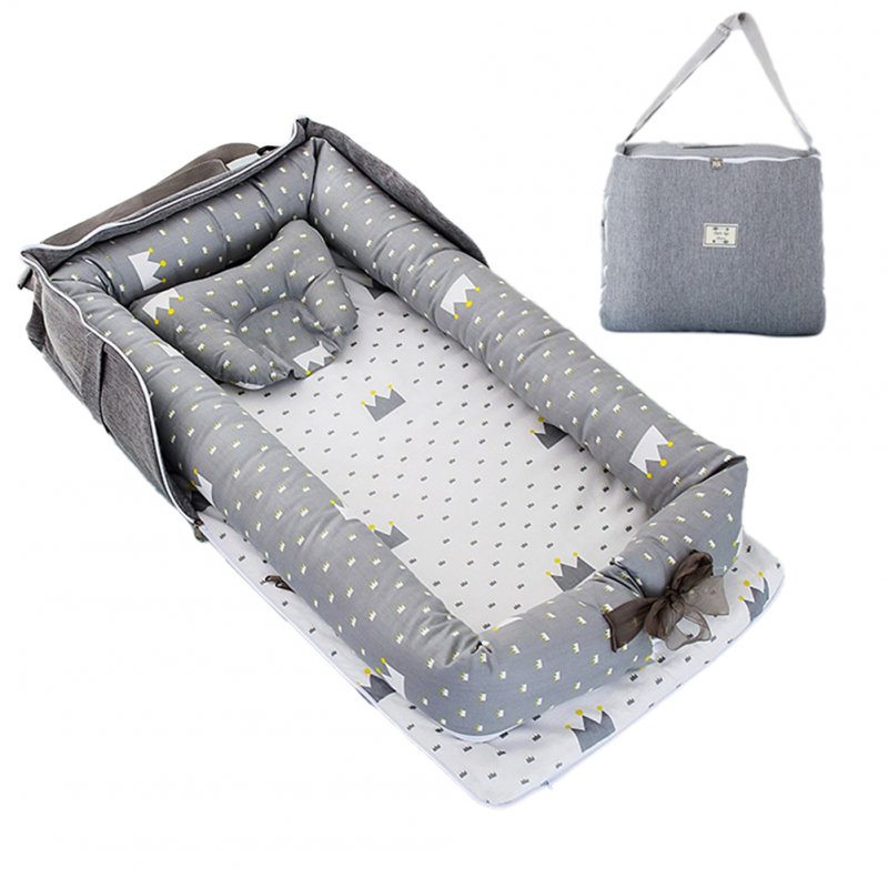 2pcs Portable Baby Nest Bed Pillow For  Boys  Girls Travel Bed Infant Cotton Cradle  Crib  Newborn  Bed Crown Grey_85x45