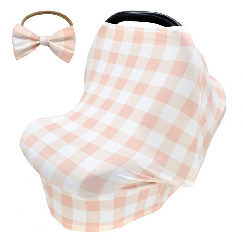 2pcs Stretchy Baby Car Seat Cover + Baby bow headband Multiuse - Nursing Breastfeeding Covers Car Seat Canopies  Meat pink tartan design