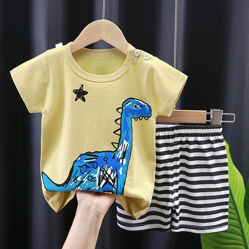 2pcs Summer Cotton T-shirt Suit For Boys Girls Cartoon Printing Short Sleeves Tops Shorts For 0-8 Years Old Kids Dinosaur 1-2Y 90cm