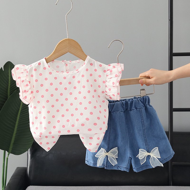 2pcs Summer Cotton Tops Suit For Girls Sweet Flying Sleeves Shirt Denim Shorts Set For Kids Aged 0-4 pink 3-4Y 110cm