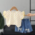 2pcs Summer Cotton Tops Suit For Girls Sweet Flying Sleeves Shirt Denim Shorts Set For Kids Aged 0-4 yellow 0-1Y 80cm