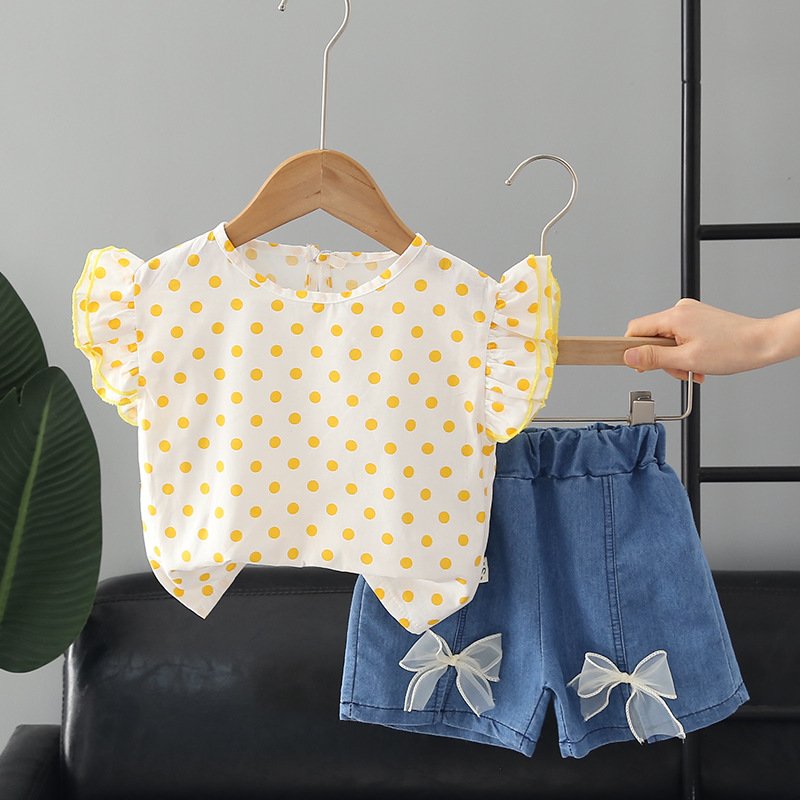 2pcs Summer Cotton Tops Suit For Girls Sweet Flying Sleeves Shirt Denim Shorts Set For Kids Aged 0-4 yellow 1-2Y 90cm