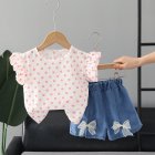 2pcs Summer Cotton Tops Suit For Girls Sweet Flying Sleeves Shirt Denim Shorts Set For Kids Aged 0-4 pink 0-1Y 80cm