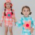 2pcs Summer Girls Split Swimsuit Long Sleeves Sunscreen Quick drying Swimwear Shorts Suit orange M